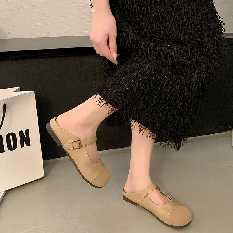 Ретро сандалии с головкой-мешком женская верхняя одежда лето 2025 новые однопедальные мягкие подошвы универсальные однословные с плоским дном классные тапочки