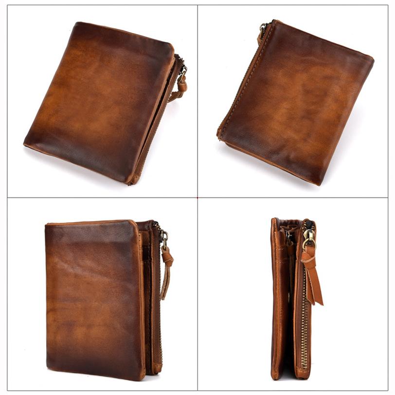 Винтажный мужской кошелек из натуральной кожи, ретро-кошелек из воловьей кожи с верхним слоем для мужчин, вертикальный кошелек с 2 карманами на молнии