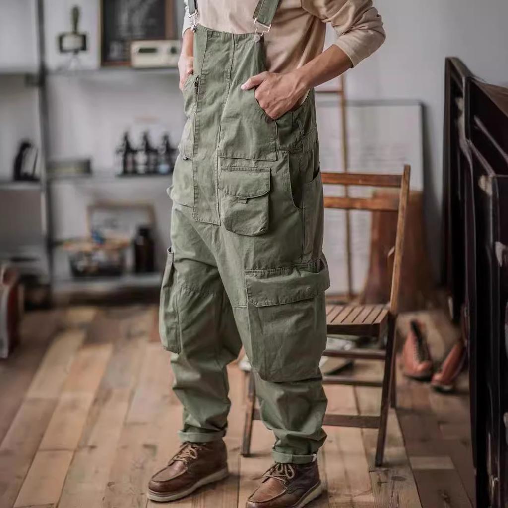 Fashion Retro Men's Suspenders American Style Green Cotton Overalls Loose Grey Brown Washing Jumpsuit All Seasons Full Length Baggy Pants Casual