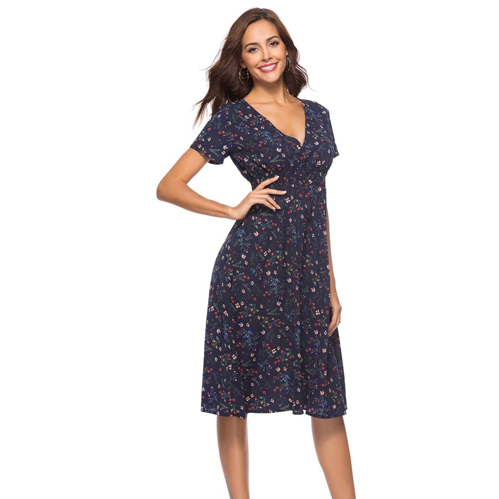 Новейшее женское летнее платье с коротким рукавом и цветочным принтом, платье с v-образным вырезом, шифоновое пляжное платье