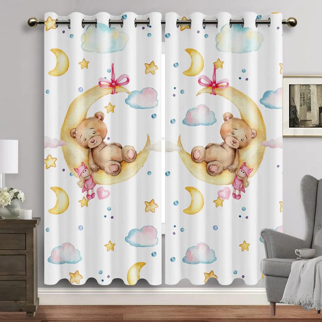 Занавеска на окно с изображением животных из мультфильмов для гостиной, акварельный кролик, медведь, люверсы, лунный принт, новые шторы для детской комнаты, высокая затененность