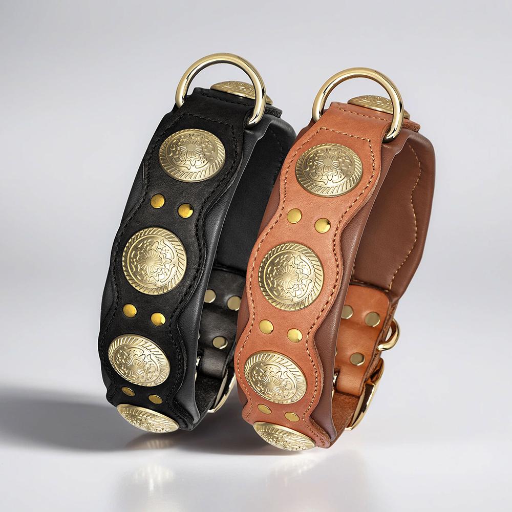 Ошейник для собак из прочной кожи, классные шипованные ошейники с заклепками для средних и крупных собак, ошейник из натуральной кожи для домашних животных Pitbull Bulldog Brown