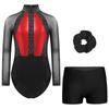 Girls Color Block Patchwork Sheer Mesh Long Sleeve Rhinestones Leotard V Front Waistband Shorts Headwear