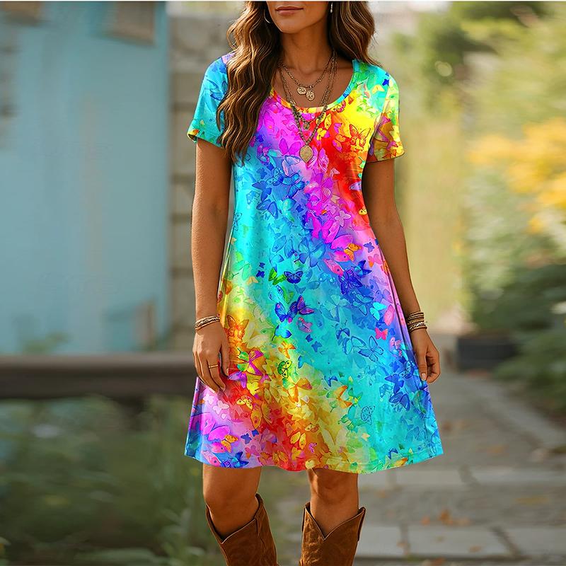 Women's Fashion Graceful Retro Colorful Print Summer Spring Short Sleeve O-Neck Casual Dresses