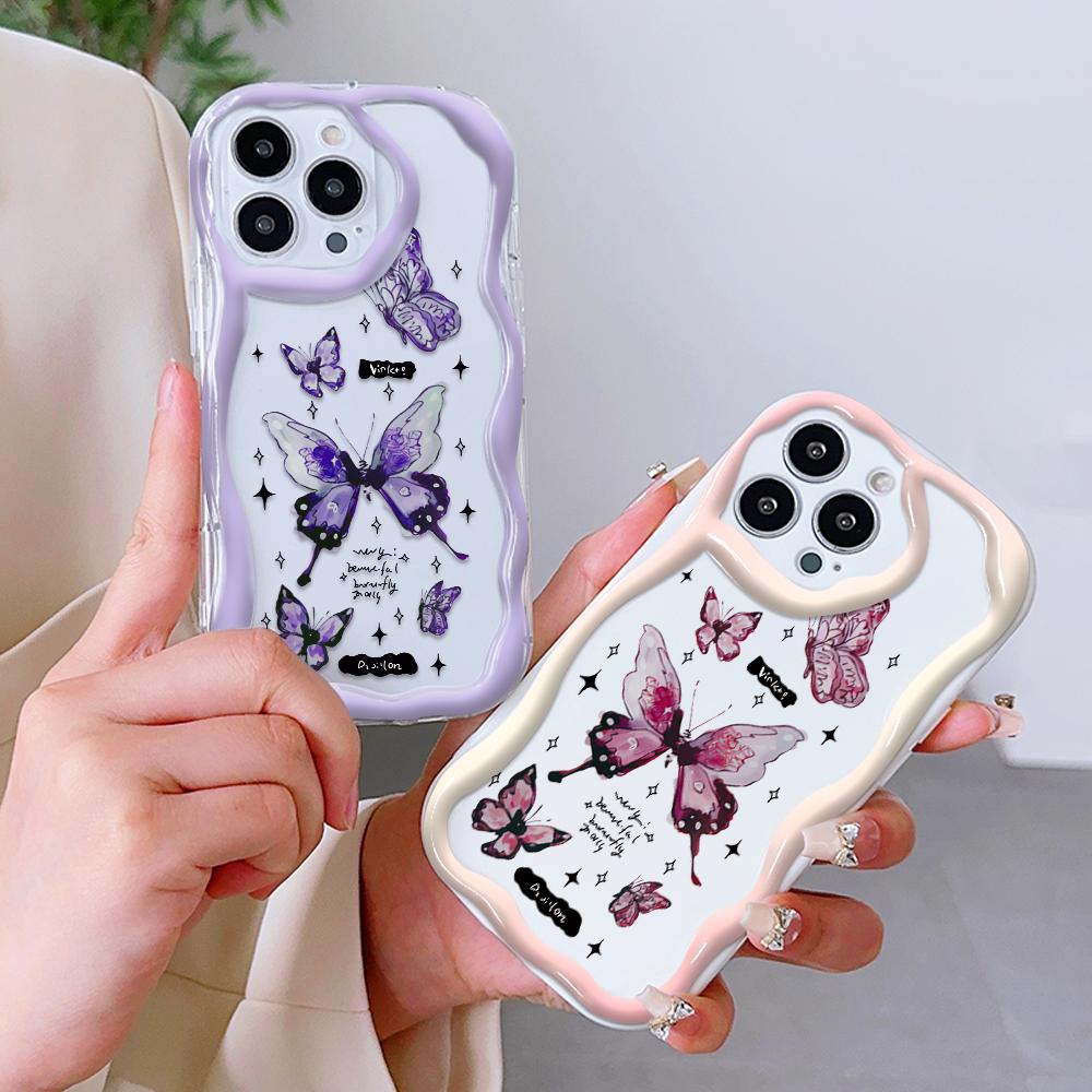 Модный чехол для телефона с бабочкой для iPhone 15, 14, 13, 12, 11, Samsung Galaxy A52, Xiaomi Redmi 14, 13C, кремовый текстурированный корпус, мягкий чехол с волнистыми краями