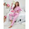 Women's Pink Leopard Print Pajama Set - Comfy Button-Up Long Sleeve Top & Long Pants, Casual Fall/Winter Loungewear