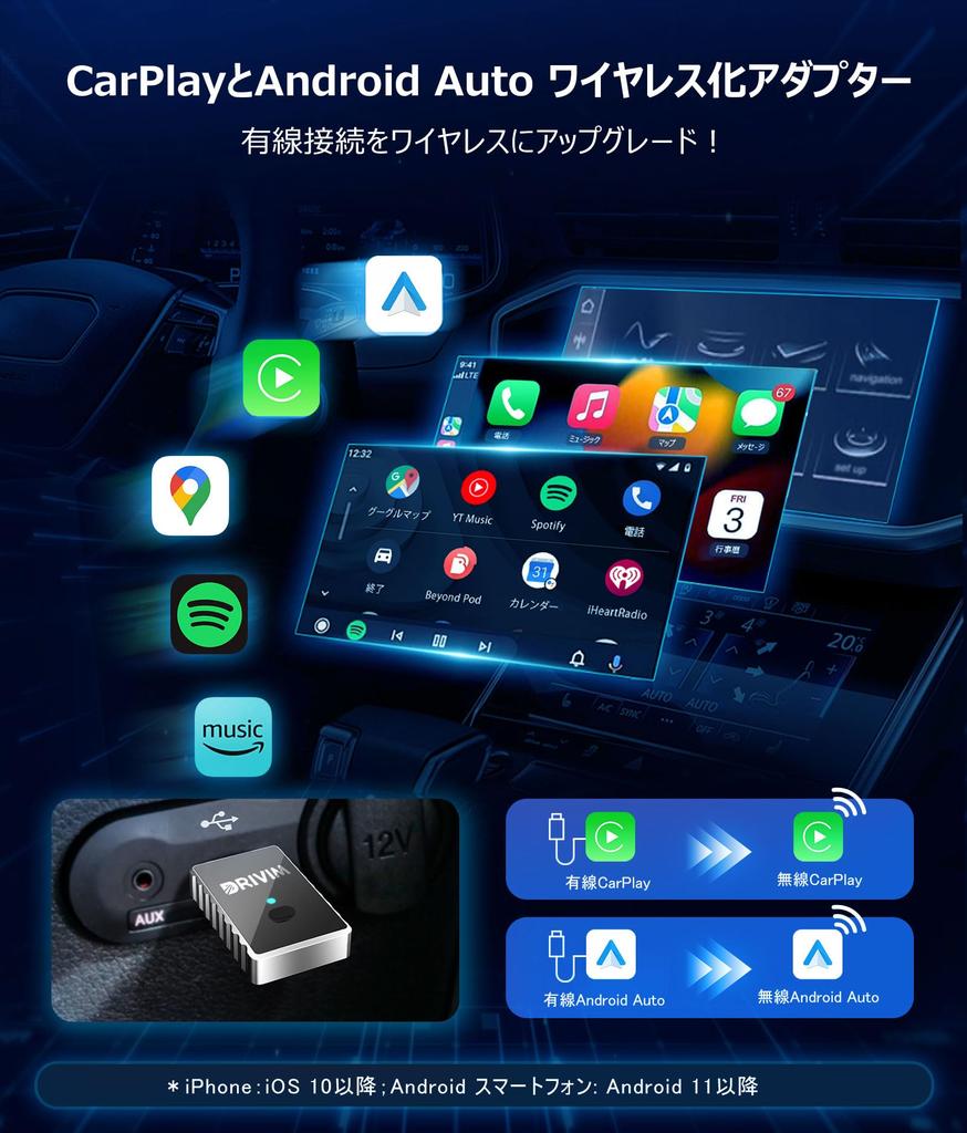 Мини беспроводной адаптер DRIVIM 2-в-1 CarPlay/Android Auto, корпус из алюминиевого сплава, для автомобилей с проводным