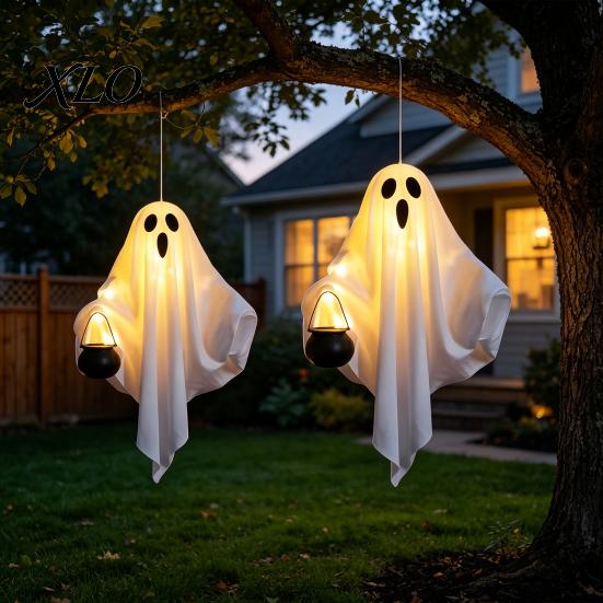 Lighted Outdoor Yard Ornaments Halloween Hanging Ghost with LED Lights, Spooky White Gauze Glowing Ornament, Porch Decor Flexible Figures for