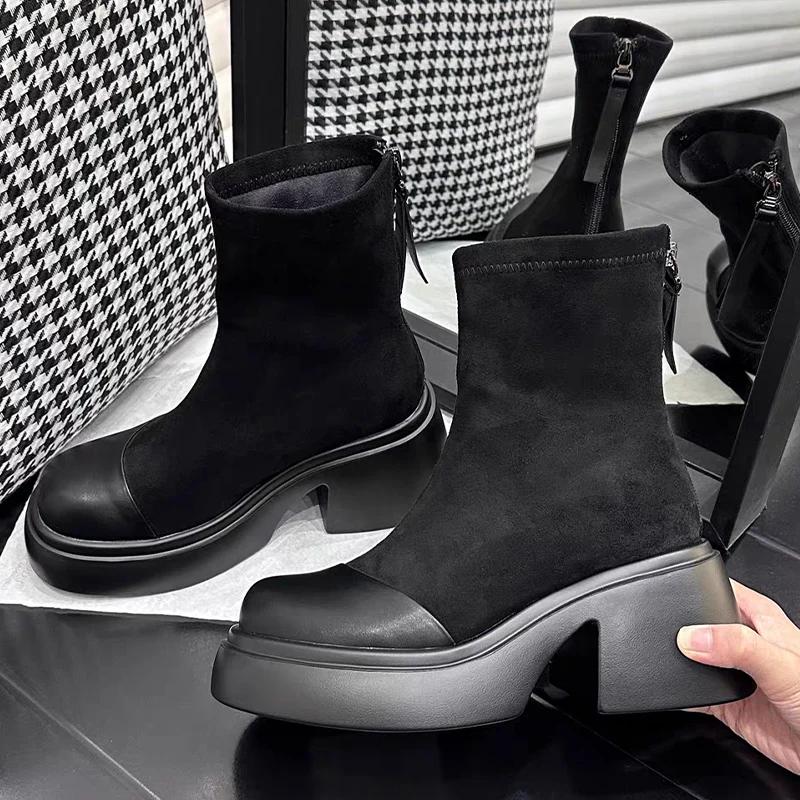 Платформа женские зимние ботильоны замшевые высокие каблуки дизайнерская обувь зимняя мода мотоциклетные ботинки 2024 тренд готические женские ботинки