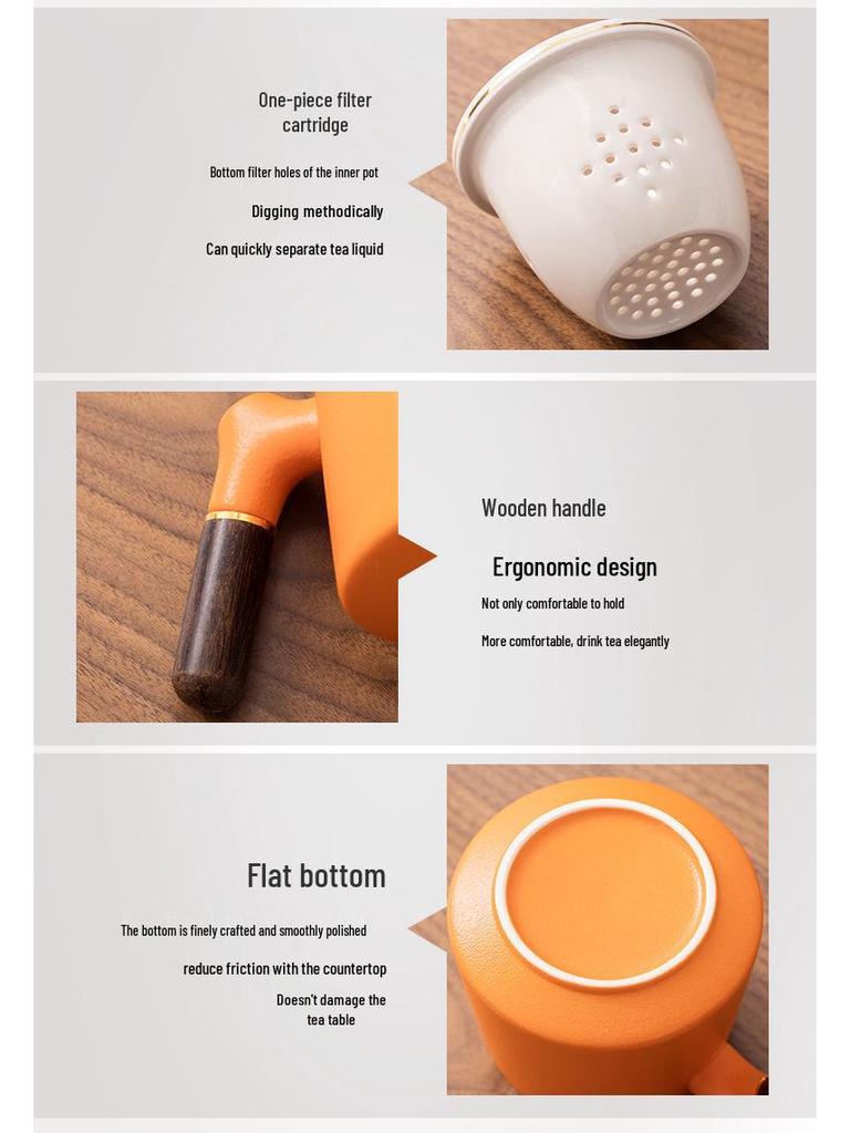 Подарочный набор керамических чашек в китайском стиле с крышкой и деревянной ручкой - Чайная чашка из трех частей с фильтром