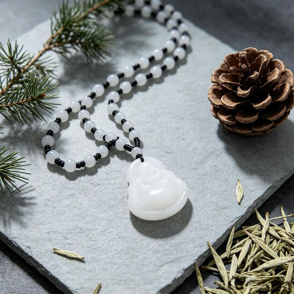 Daily new style white Maitreya Buddha pendant with beads necklace Buddha amulet men and women couple versatile accessory sweater chain