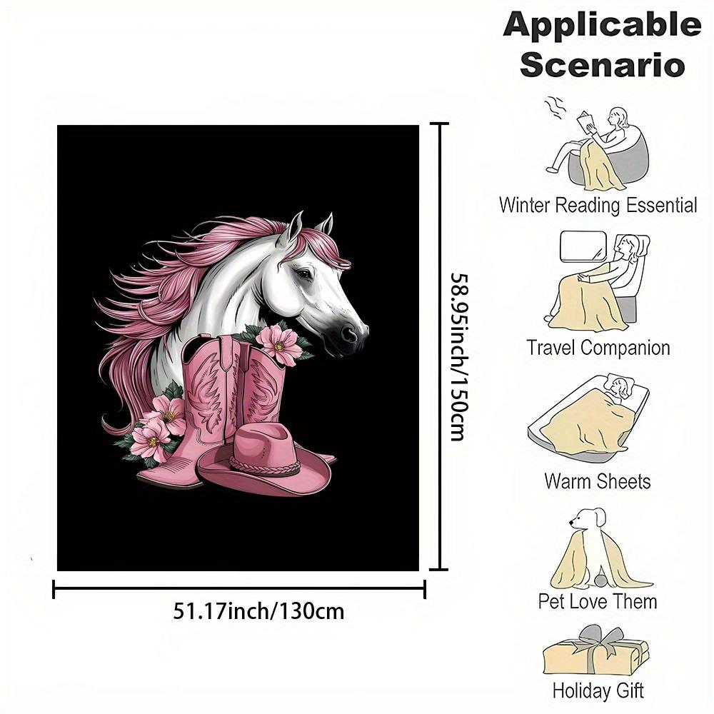 Reversible Cartoon Horse Head Throw Blanket with Cowboy Hat and High Heels - Contemporary Style, All-Season, Non-Woven Polyester