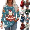 Women's Christmas Tree Snowflake Print Round Neck Pleated Long Sleeve T-Shirt Top