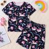 Girls 2-piece Pajama Set Cartoon Unicorn Print Kids Suits Crew Neck Short Sleeve T-shirt Matching Shorts Comfy Loungewear
