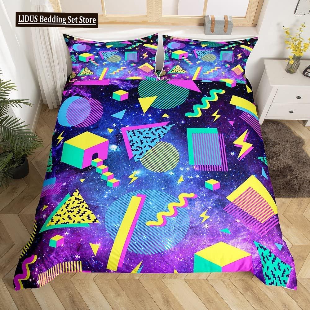 Retro Memphis Style Duvet Cover Set Galaxy Fashion Style Geometric Shapes Bedding Set Full,Hipster Old Fashioned Comforter Cover