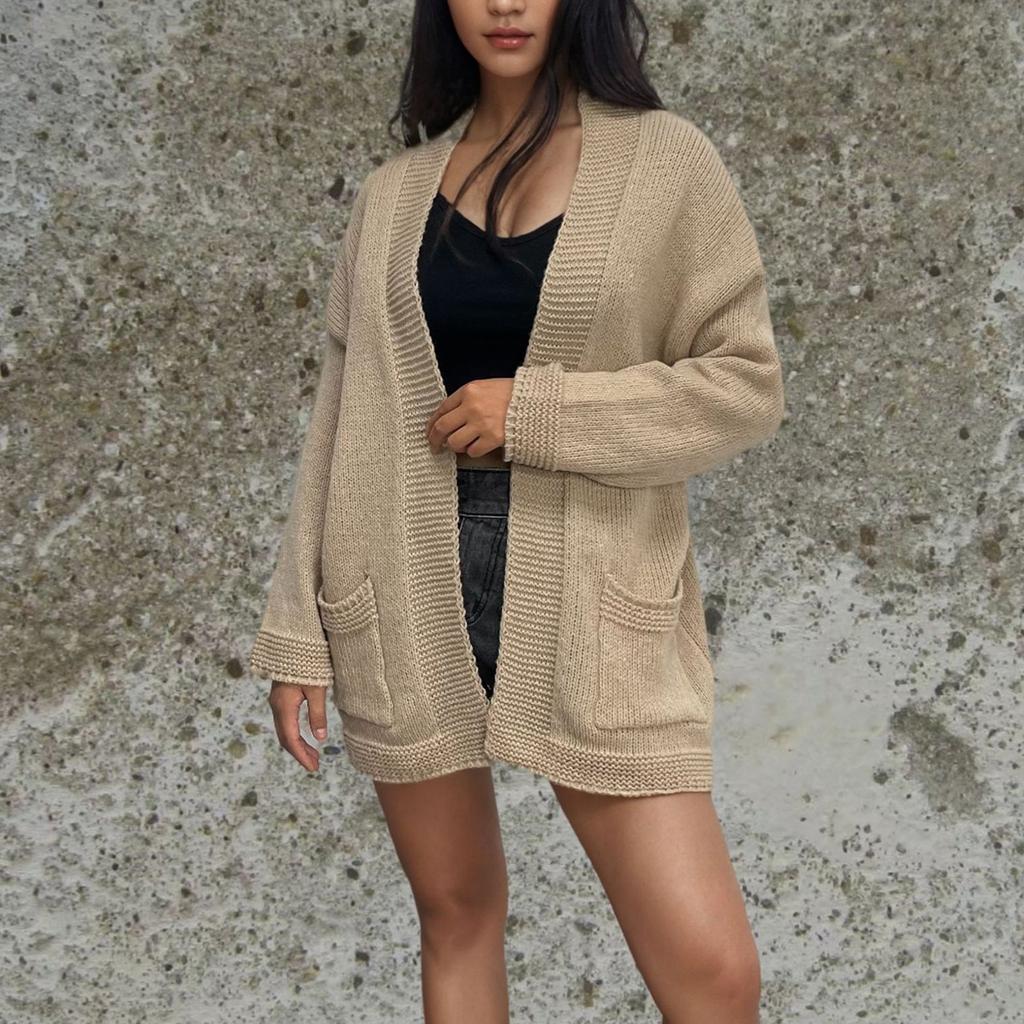 Женская мода вязаный карманный кардиган свитер со свободным пальто