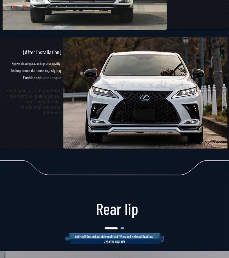 Карбоновый обвес для Lexus RX300 20-22: Передний сплиттер, Накладки на противотуманные фары, Задний диффузор, Расширители арок, Пороги