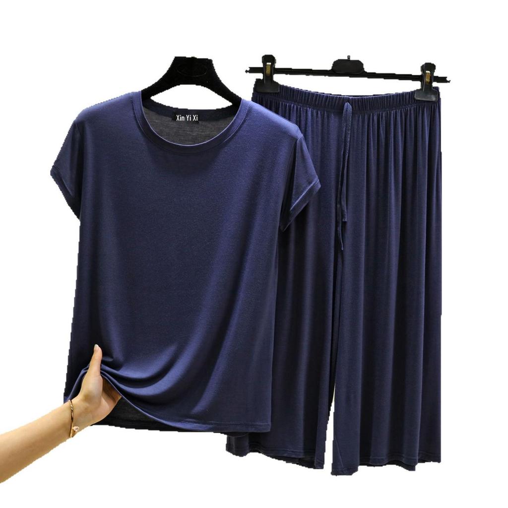Женский повседневный комплект больших размеров из модала с коротким рукавом - Корейский стиль, брюки с широкими штанинами, двухпредметная домашняя одежда