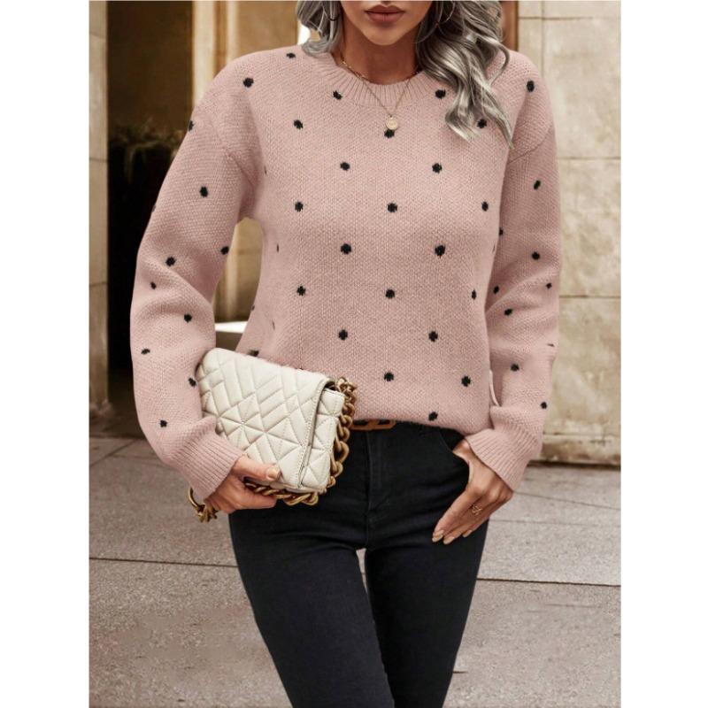 Women S Long Sleeve Crew Neck Pullover Sweater Polka Dot Jacquard Knit