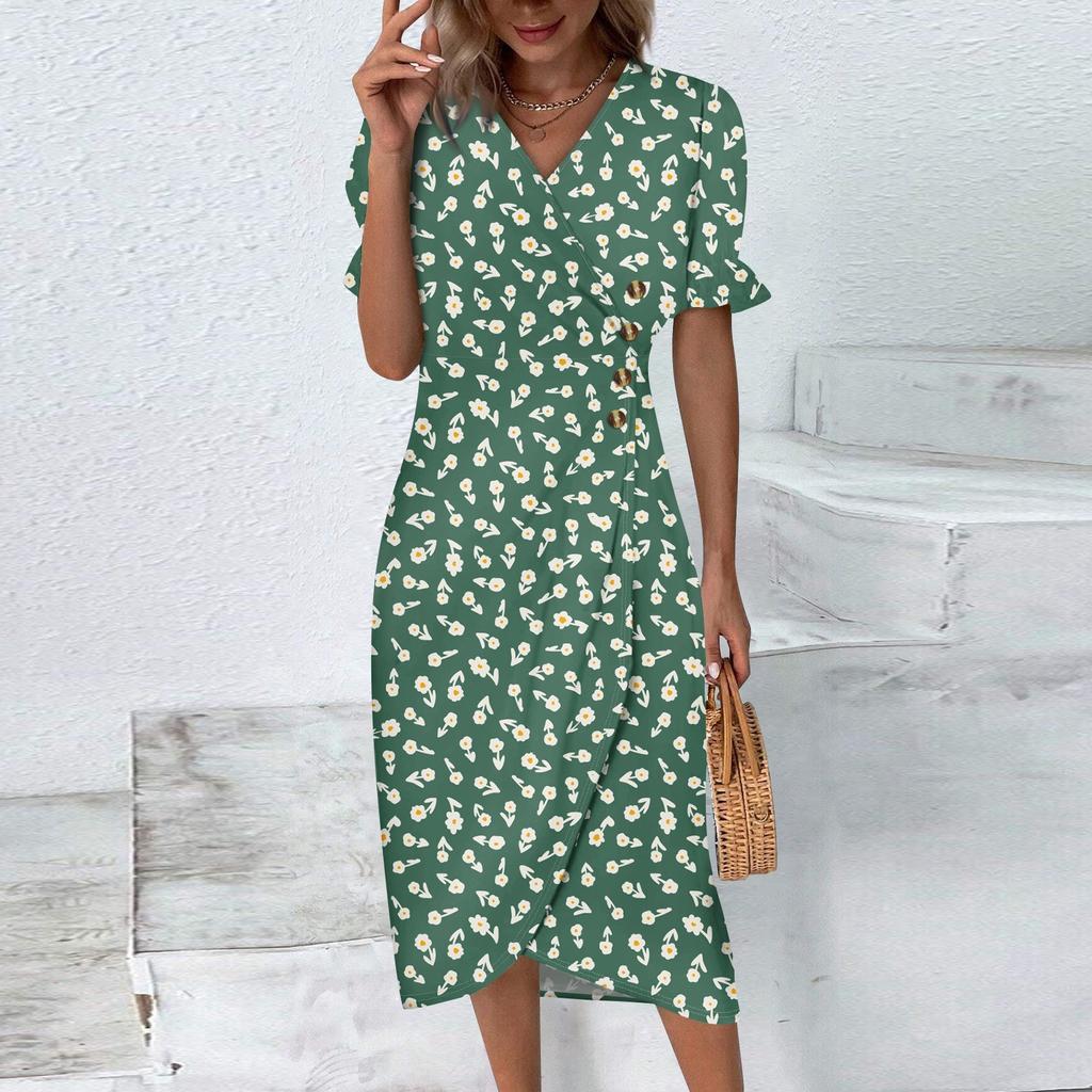 Women's Summer Casual Dress V Neck A-line Boho Ditsy Floral Flounce Sleeve Wrap Hem Dress
