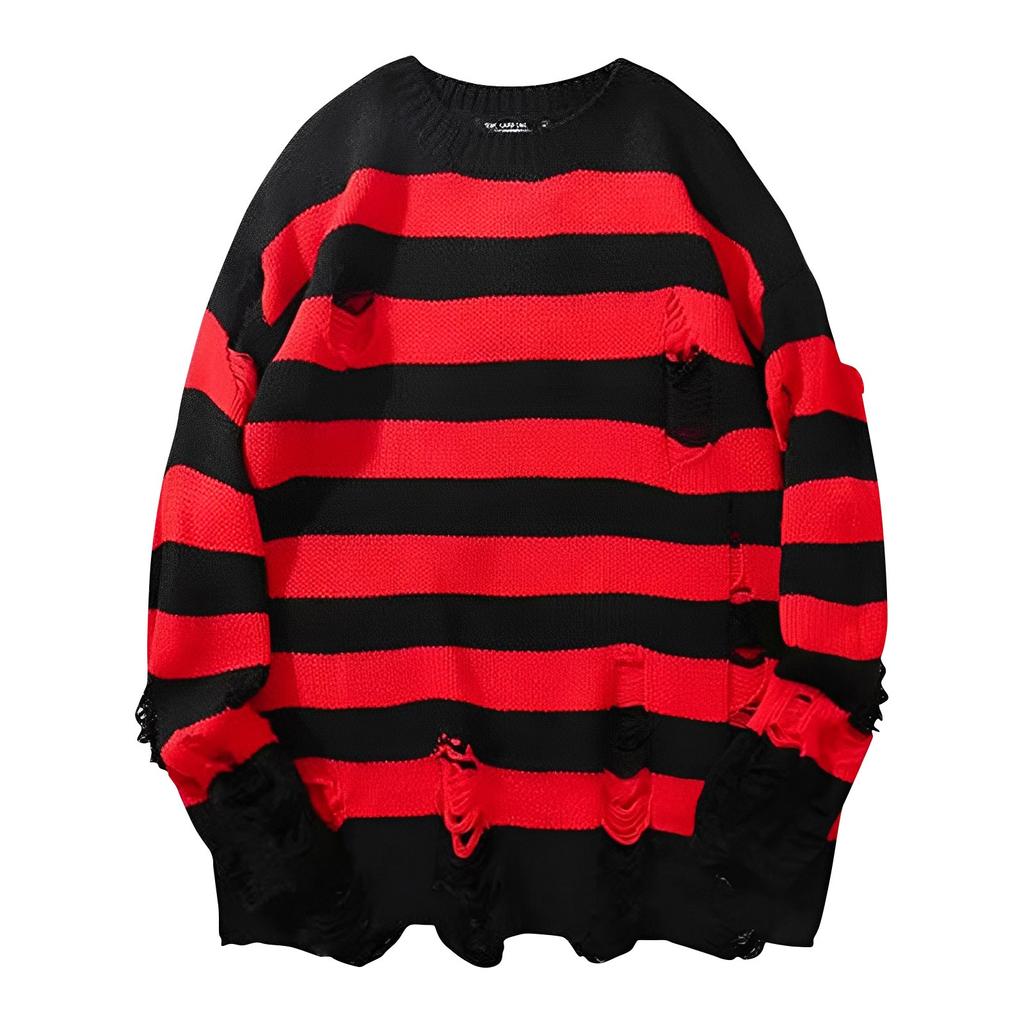 Женский пуловер с длинным рукавом и круглым вырезом средней длины, рваный полосатый вязаный свитер