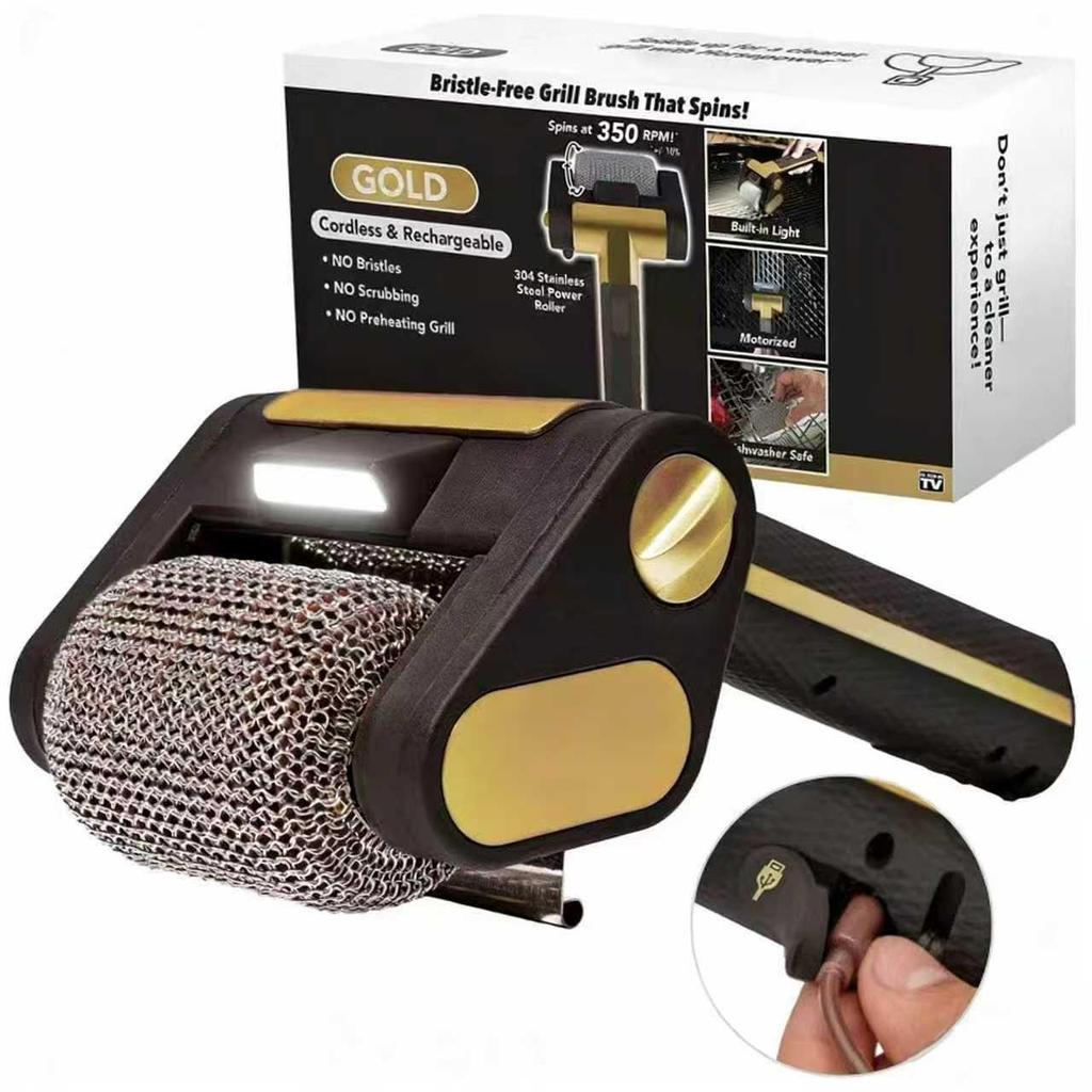 Rechargeable Stainless Steel Electric BBQ Brush with Light & Food-Grade Cleaning Roller