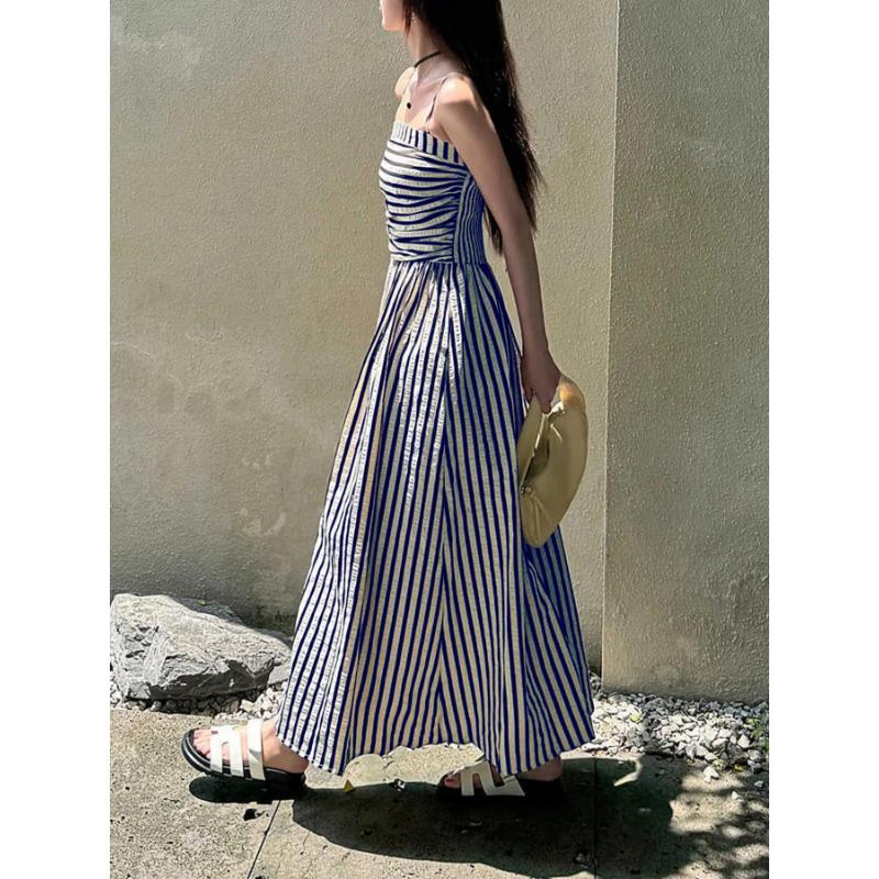 Vertical Striped Dress Spaghetti Strap Bandeau Off Shoulder Ruched Waist A Line With Pockets Summer Casual Beach Holiday Ladies Long Dress