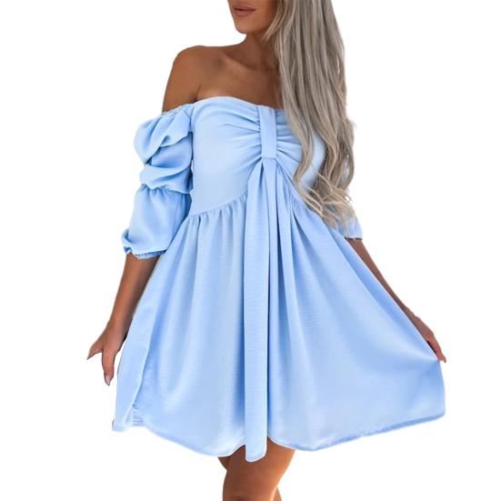Women Mini Dress Off Shoulder Loose Hem High Waist Bubble Sleeves A-line Solid Color Soft Pleated Lady Beach Prom Dress