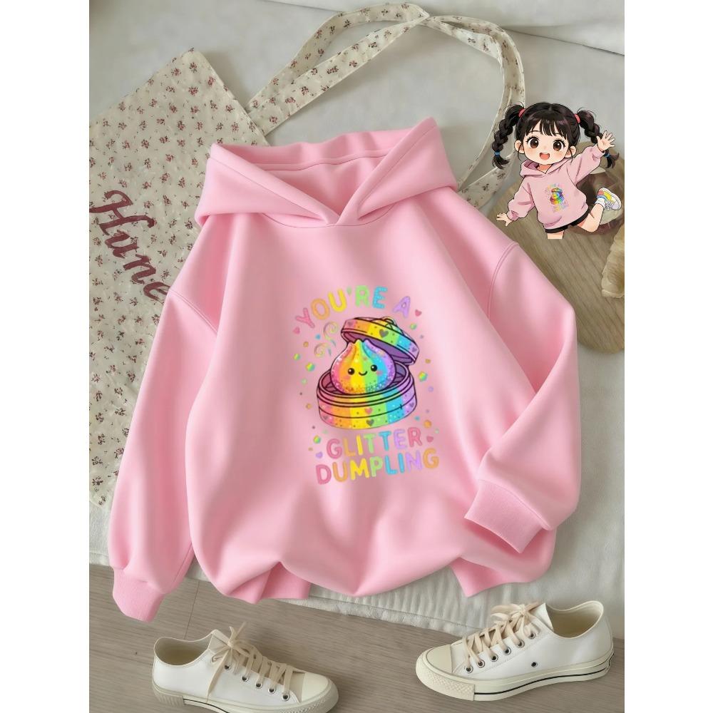 Kids Hoodie with Pastel Letter Print and Colorful Glitter, Warm Fleece Sweatshirt for Autumn and Winter, Fashion Children's Sweatshirt