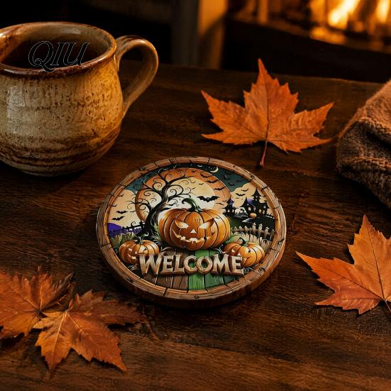 Non-slip Table Protection 6Pcs/Set Halloween Wooden Coasters, Retro Pumpkin Ghost Drink Decorative Coffee Bar Accessories Round Heat