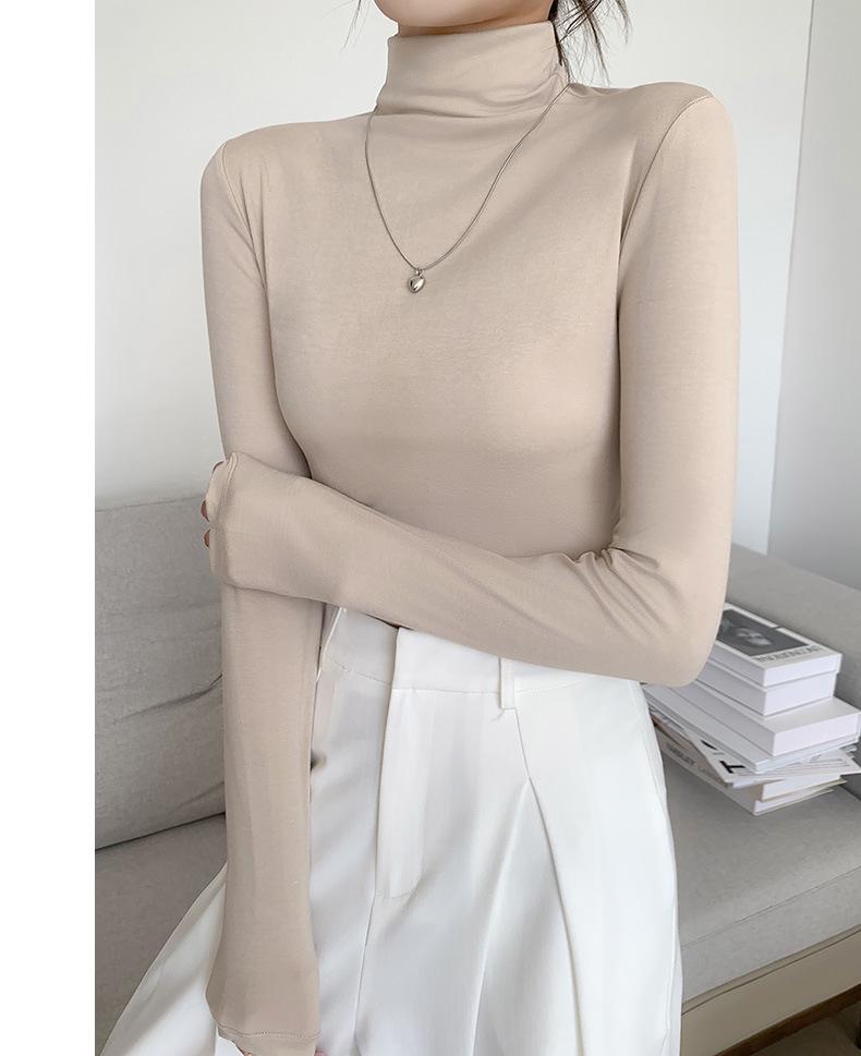 Женский черный модальный топ с длинным рукавом, облегающий, с высоким воротником, базовый слой для весны, осени, зимы 2024.