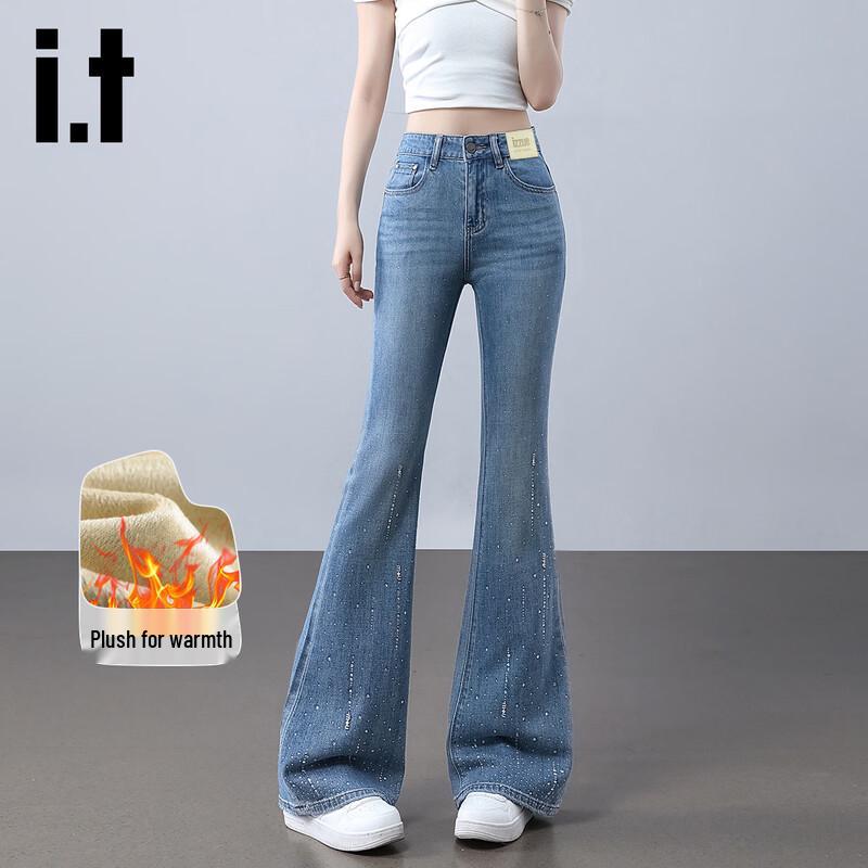 Izzueit Женские облегающие джинсы клеш с высокой посадкой и стразами, на флисовой подкладке