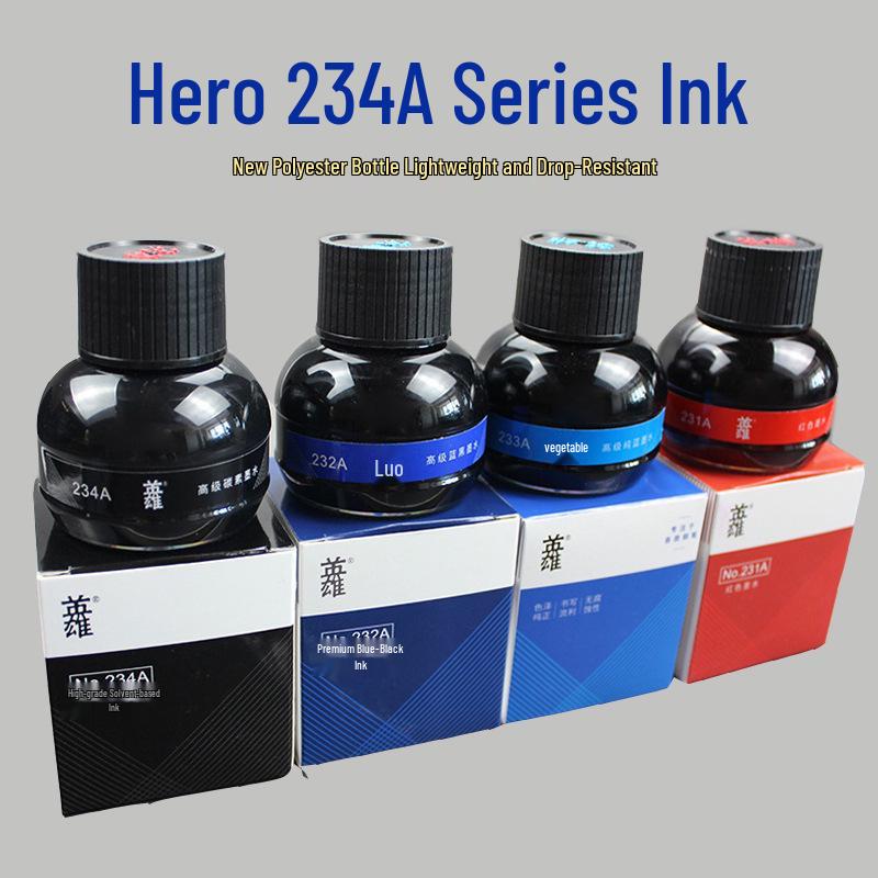 Набор чернил Hero: 231A Красный, 232A Сине-черный, 233A Чисто-синий, 234A Черный уголь, 70 мл Чернила для перьевой ручки.