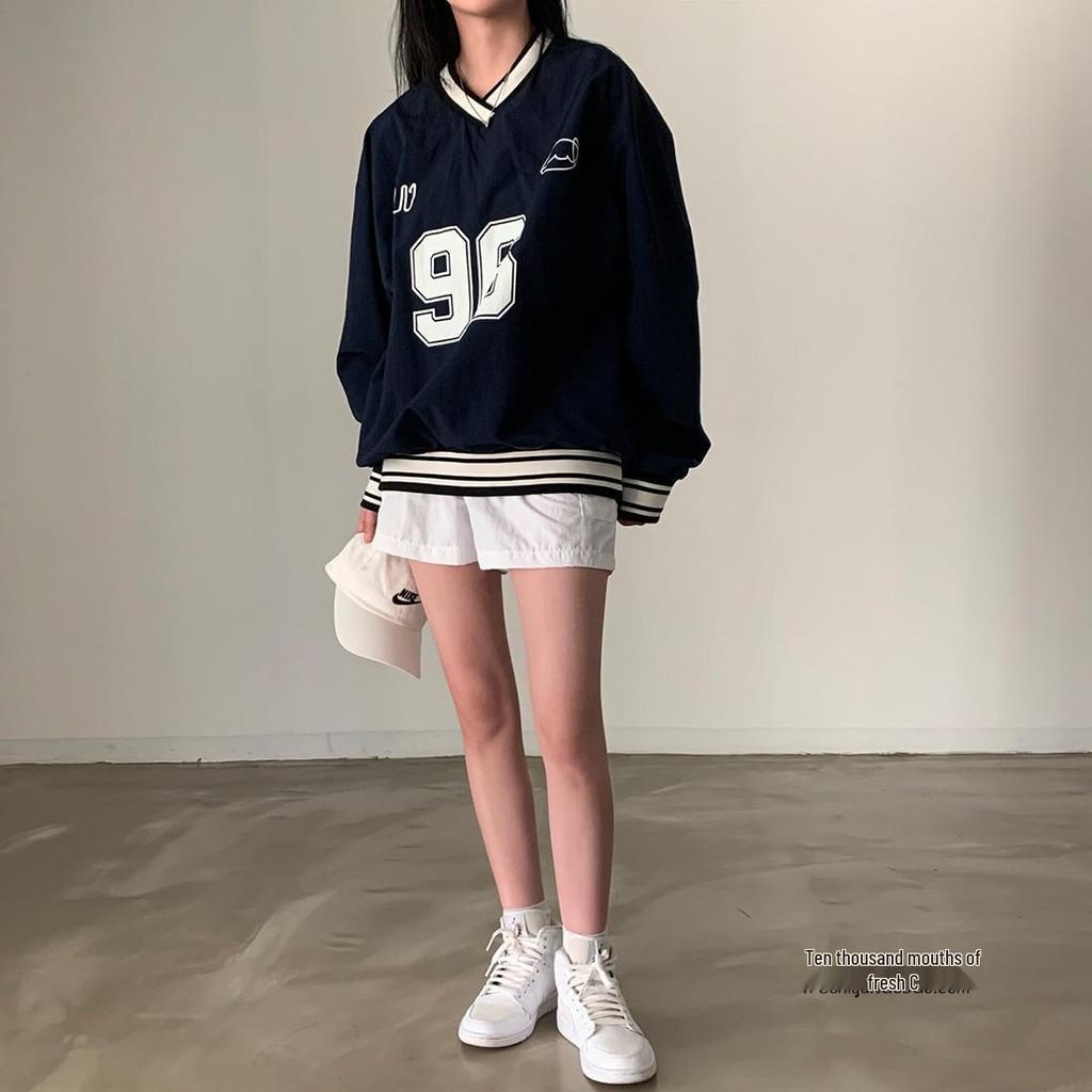 Темно-синий свитшот для бейсбольной девушки с V-образным вырезом и цветными блоками - Повседневный свободный крой, Тонкий с длинным рукавом