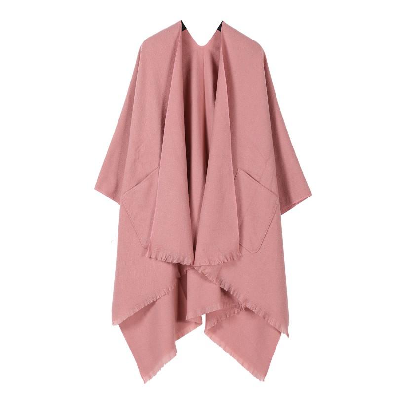 Solid Color Faux Cashmere Shawl Womens Pocket Cape Coat Versatile Scarf
