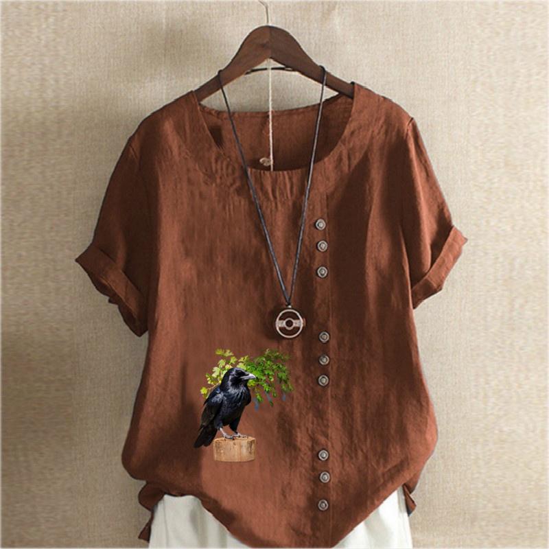 Women's Fashion Crow Prined Round Neck Short Sleeve T-shirt Casual Cotton Linen Graphic Shirt Leisure Loose Summer Blouse Tops