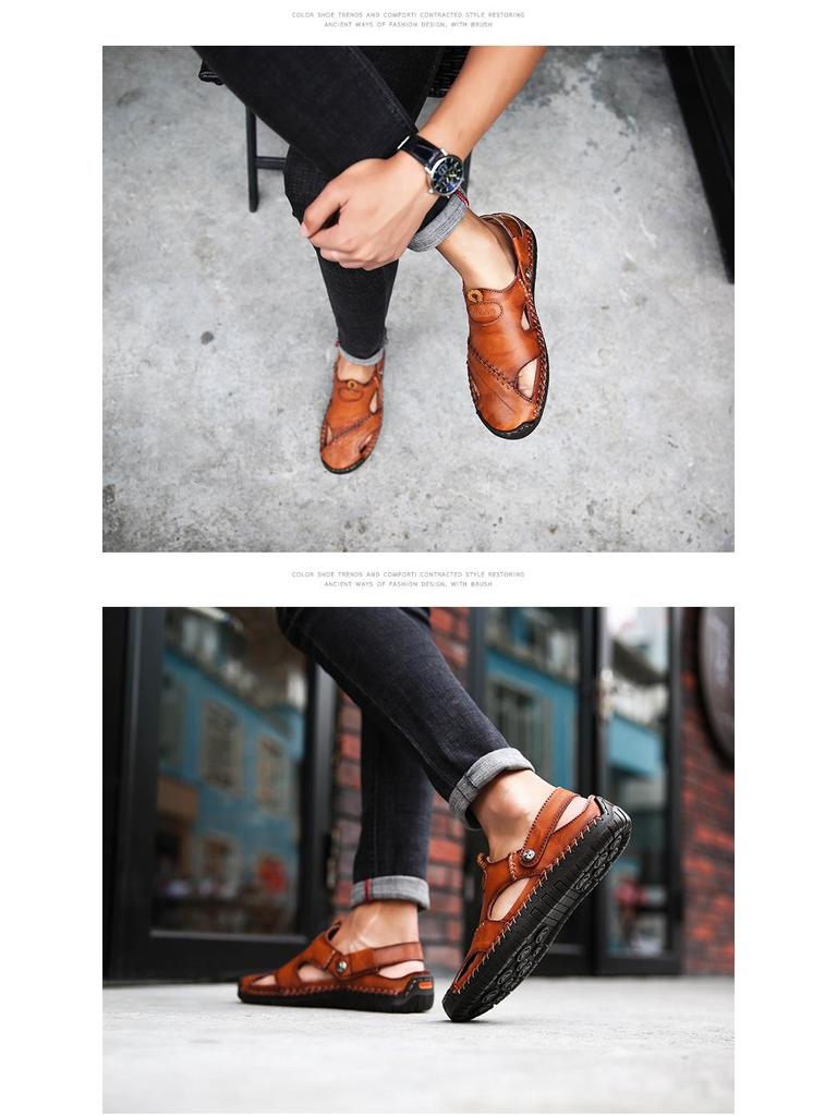 Мужские кожаные пляжные сандалии большого размера — модная летняя обувь с декоративными швами, идеально подходящая для повседневной носки на пляже или в городе.