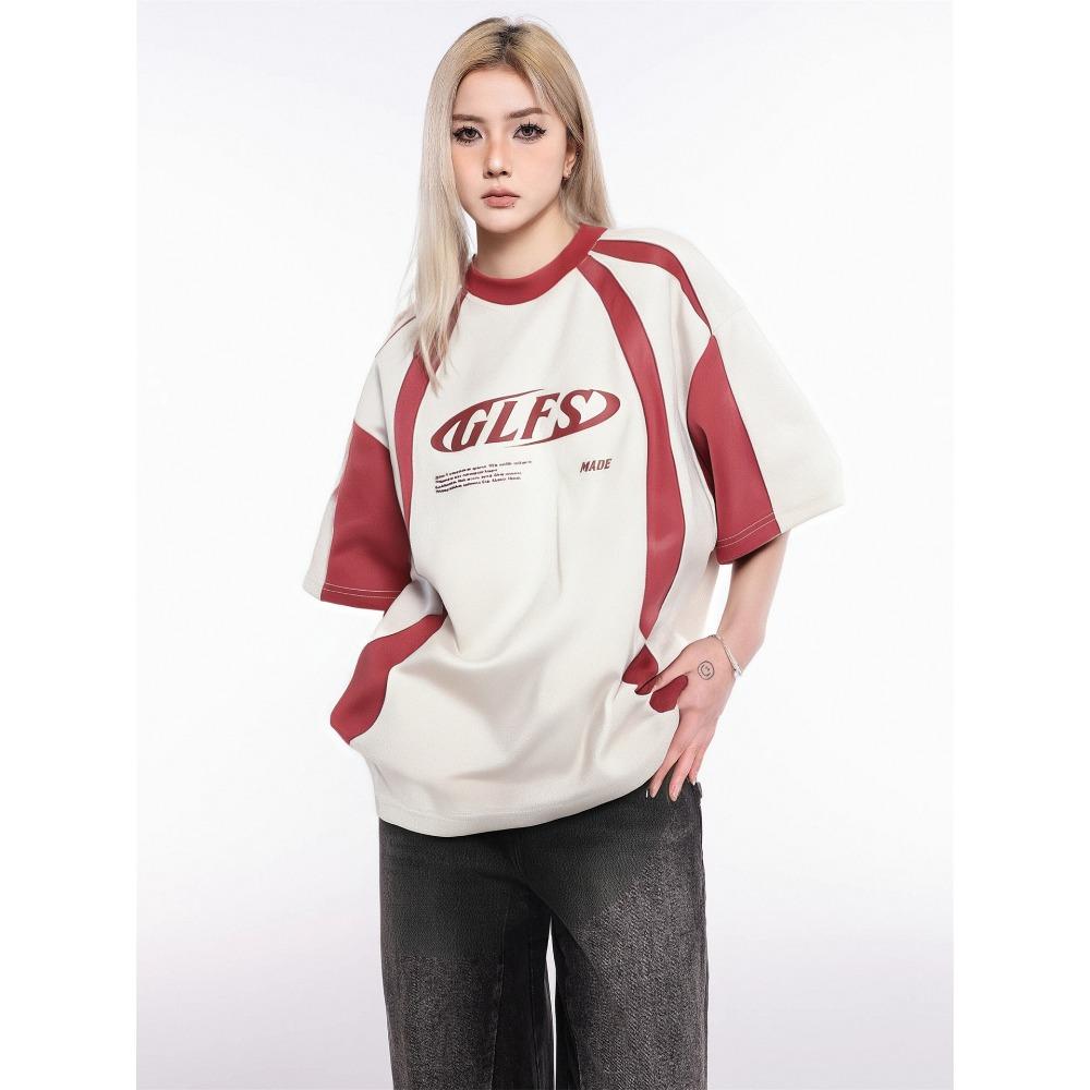 Women's American Vintage Summer T-Shirt, Loose Casual Top with Street-Style Letter Print