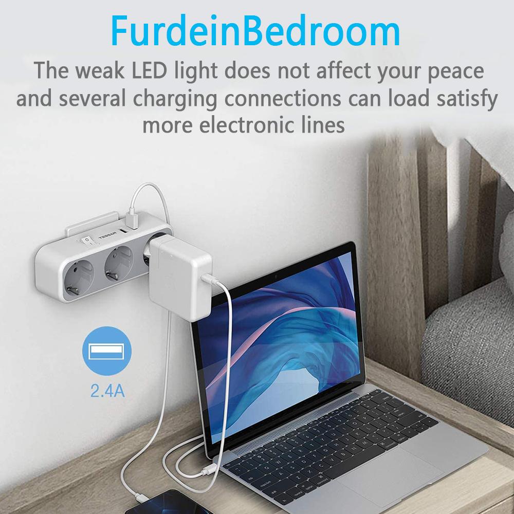 Tessan European Outlets Extender Power Strip with 1/3 AC Outlets, 2 USB Charging Ports and On/Off Switch EU Wall Socket for Home, Office, Travel