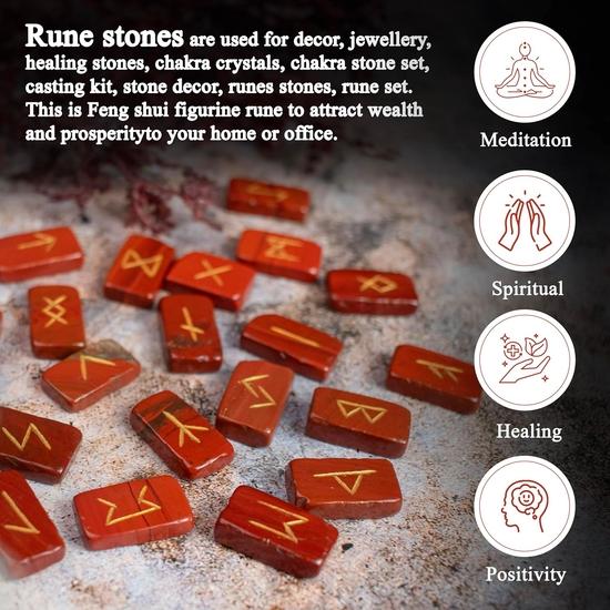 Crocon Mothers Day Gift Red Jasper Rectangle Shape Gemstone Runes with Elder Futhark Alphabet Engraved 25 Pcs Rune Set | Size : 20-25mm
