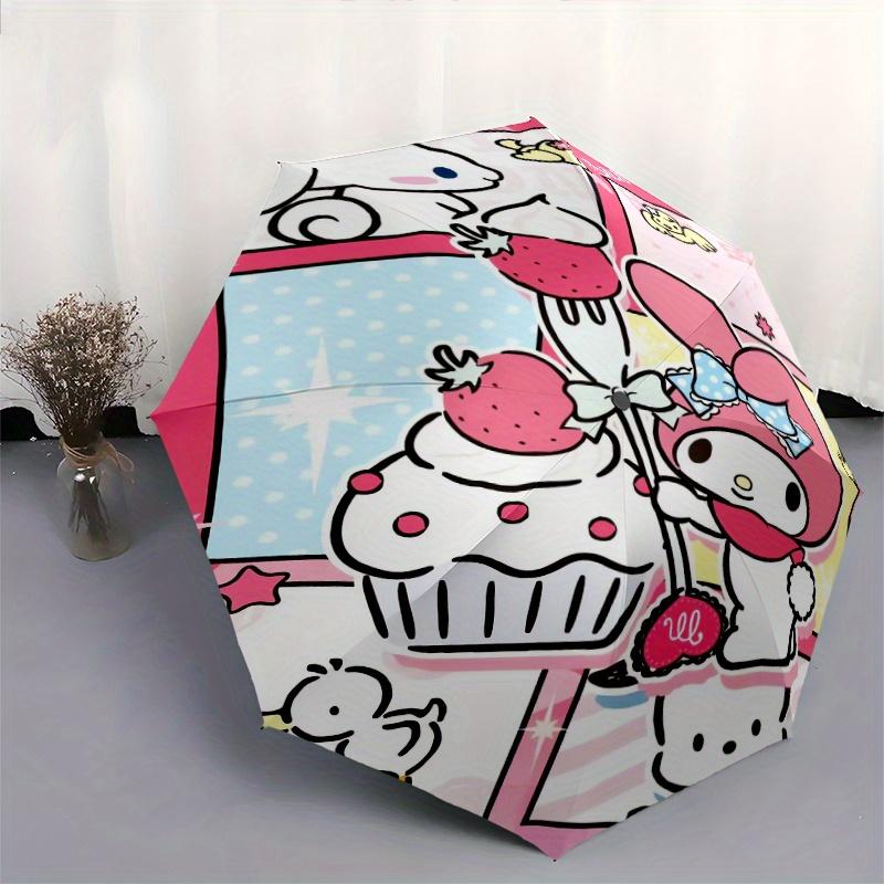 My Melody & Pochacco Strawberry Cake Design Automatic 3-Fold Cartoon Umbrella Design, Cute Cartoon Pattern, Portable Outdoor Umbrella, Perfect, Holida