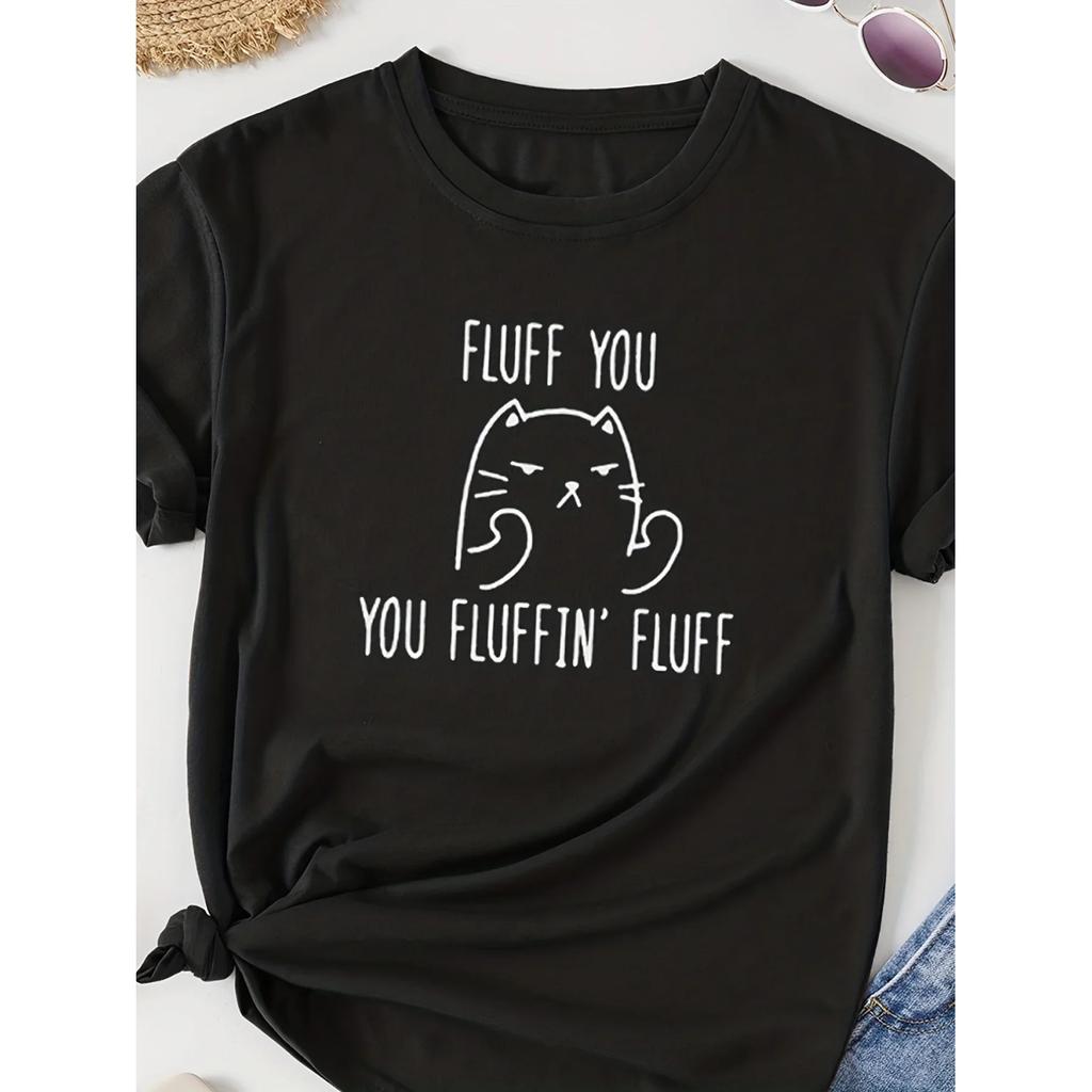 Sleeve T-Shirt for Spring & Summer Women's Clothing Cat Print Crew Neck T-Shirt Casual Aesthetic Clothes