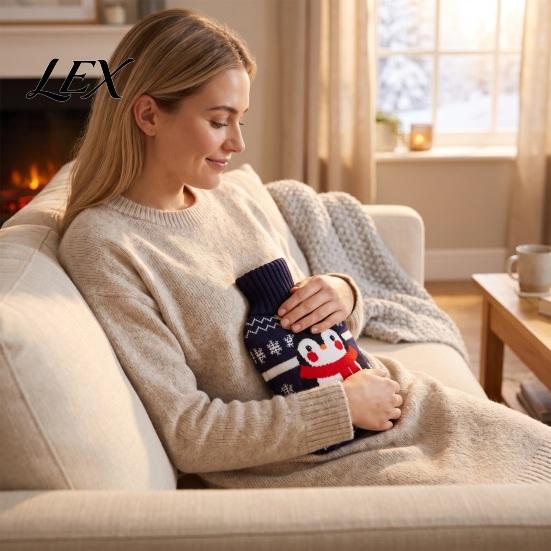 PVC Hot Water Bottle 1000/2000ML Christmas Bottle, Cartoon Bag with Knit Safe Cover, Long Lasting Heat Retention, Winter Warm Washable Cover