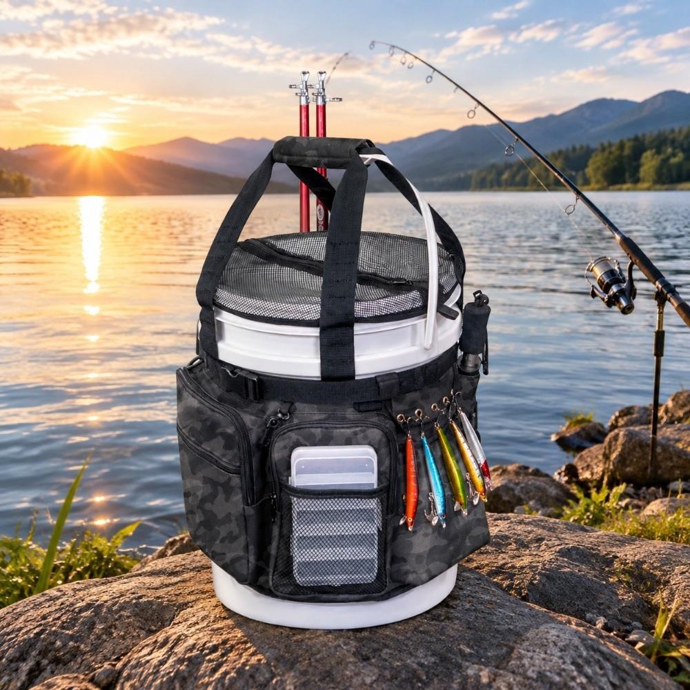 Camouflage Fishing Bucket Organizer Multi-Pocket Bucket Gear Bag Bucket Tool Bag Outdoor Fishing