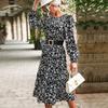 Women's New Temperament Long-sleeved Black Floral Dress Autumn and Winter