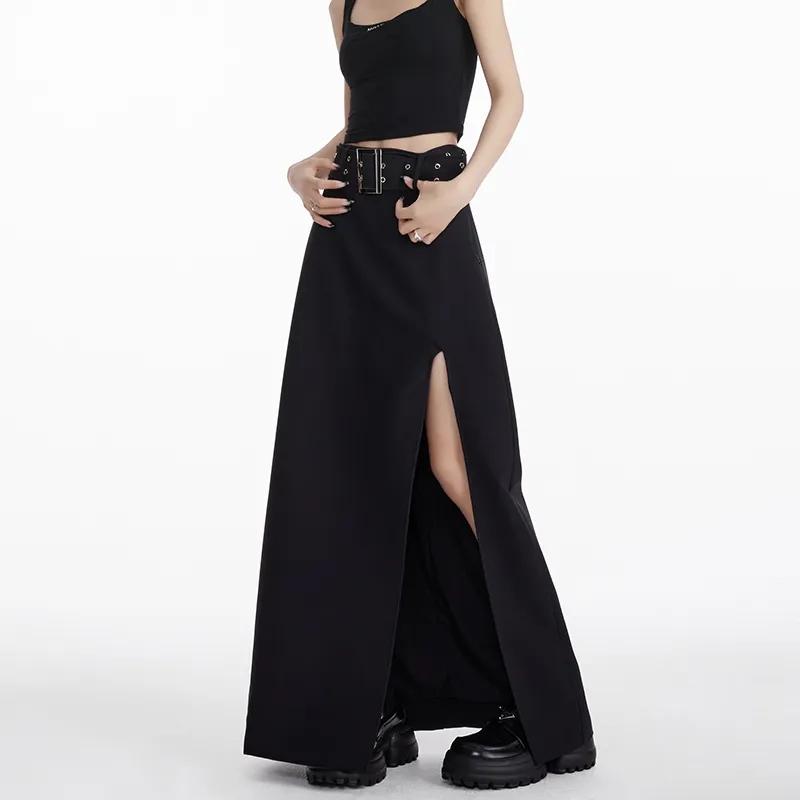 Long Black Skirt Women Streetwear High Waist A-line Belt Slim Irregular Split Sexy Goth Maxi Skirt Autumn Fashion