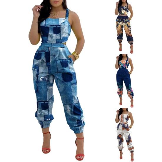 Женский комбинезон с квадратным воротником и открытыми плечами, без рукавов, на шнуровке, с карманами, с цветочным узором, длинные комбинезоны, уличная одежда