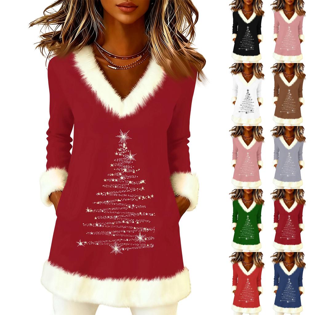 Women's Christmas Fashion Plush V-neck Pullover Sweater Solid Color Long Sleeve Top