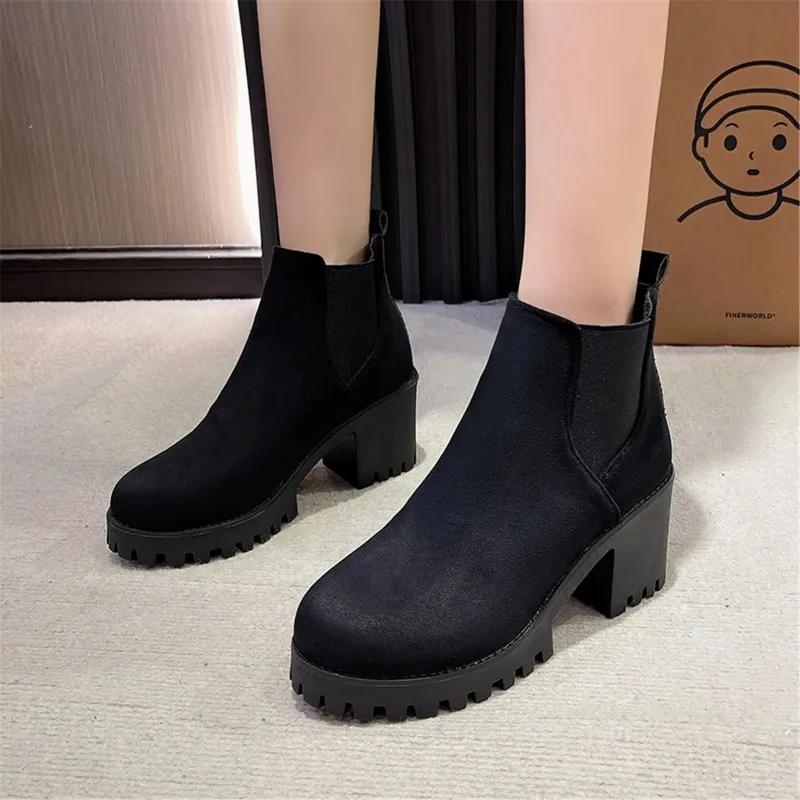 Chunky Ankle Boots Women Square Heel 2025 Autumn Winter New Single Boot Frosted Black Height-raising Platform Heels