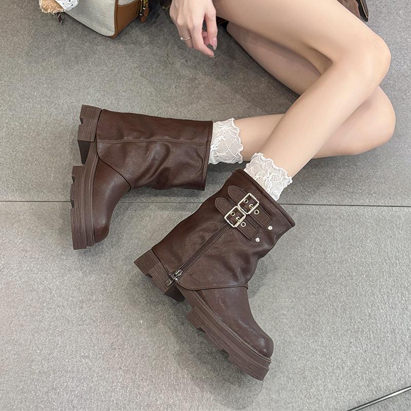 Ретро ботинки Мартин на толстой подошве для женской коллекции весна-осень 2025, новые универсальные ботильоны с плиссировкой в стиле Майяр, уличные ботинки на платформе, короткие ботинки